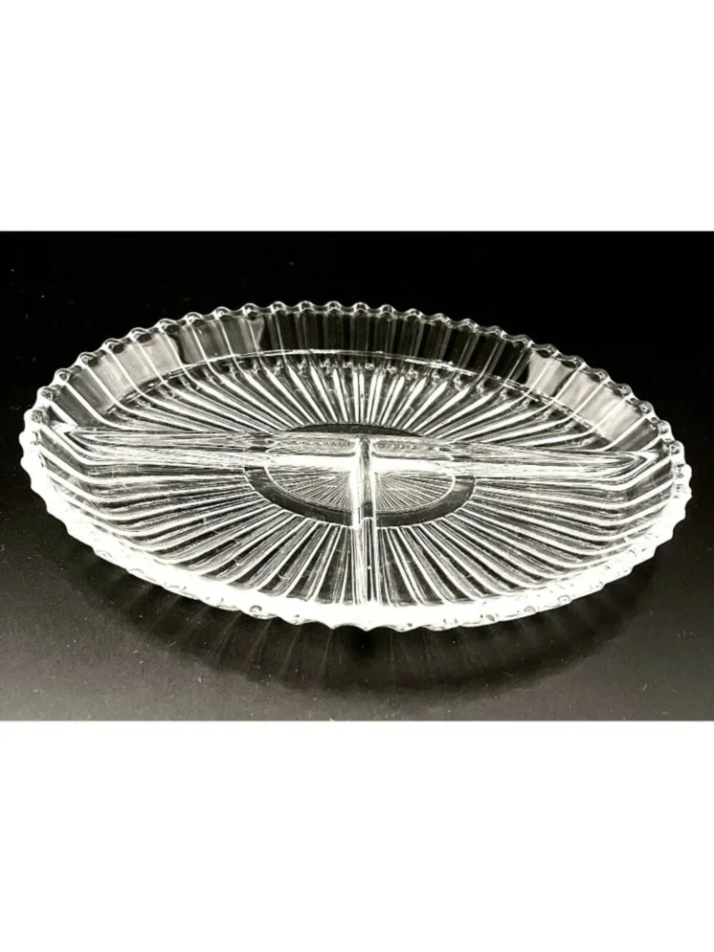 Retro Starburst Pressed Glass Divided Relish Dish 8.5” Scalloped Edge Ribbed